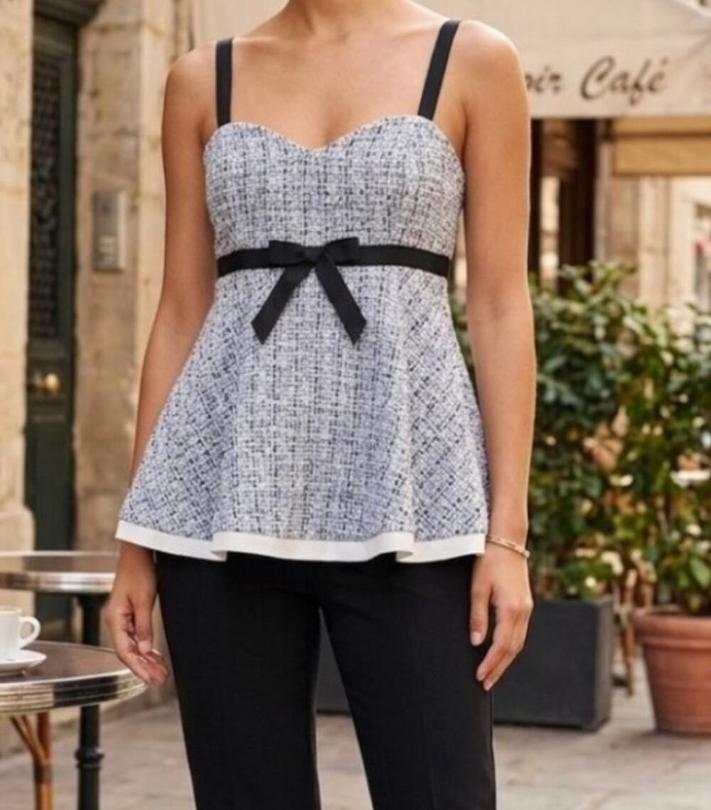 Zara spaghetti strap tweed sweetheart peplum bow top womens size small NWT